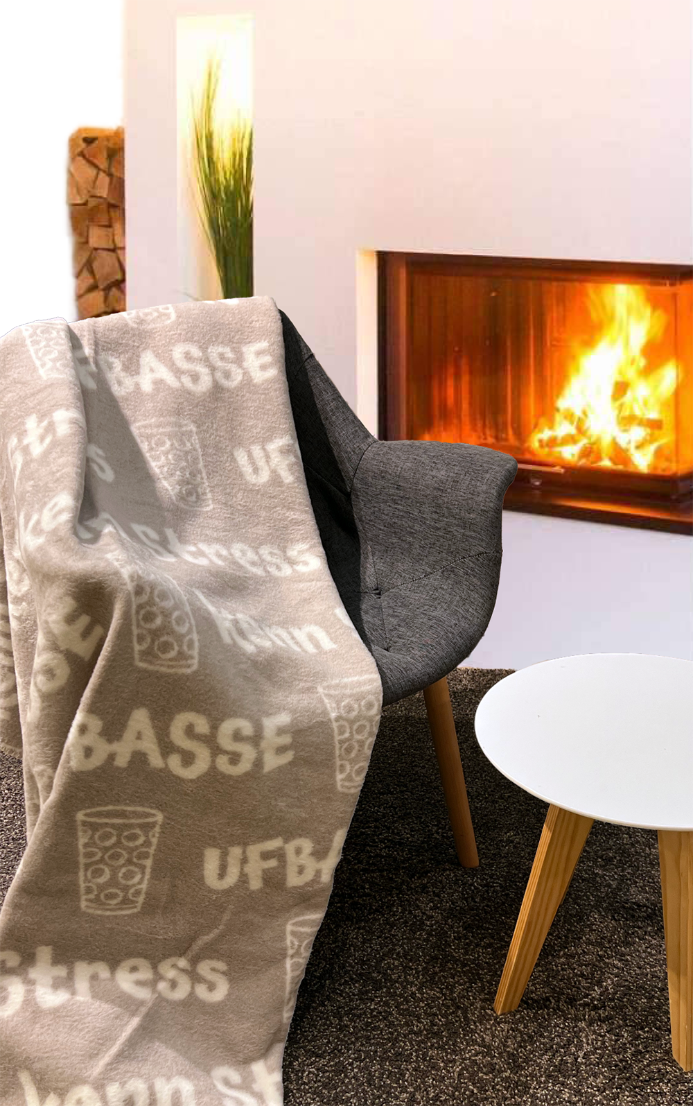 KUSCHELDECKE "Ufbasse/kenn Stress" (taupe) - Pfälzer Freiheit